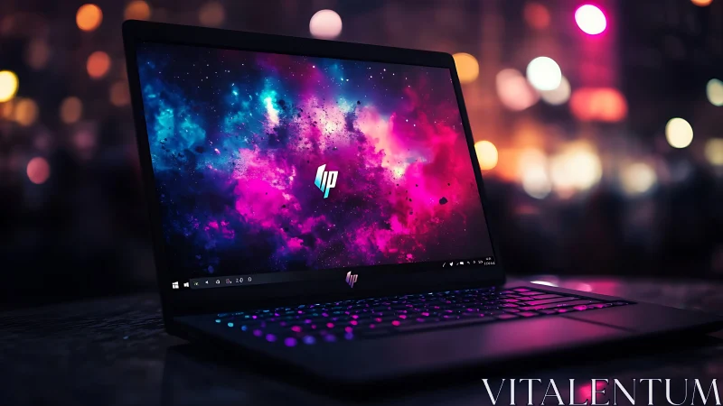 Sleek HP laptop glows against neon city bokeh backdrop