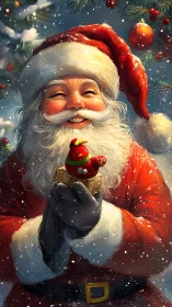 Joyful Santa gently cradles a tiny festive bird gift