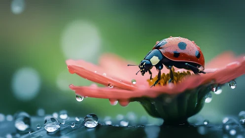 Ladybug poised on dewy petal in luminous macro still.
