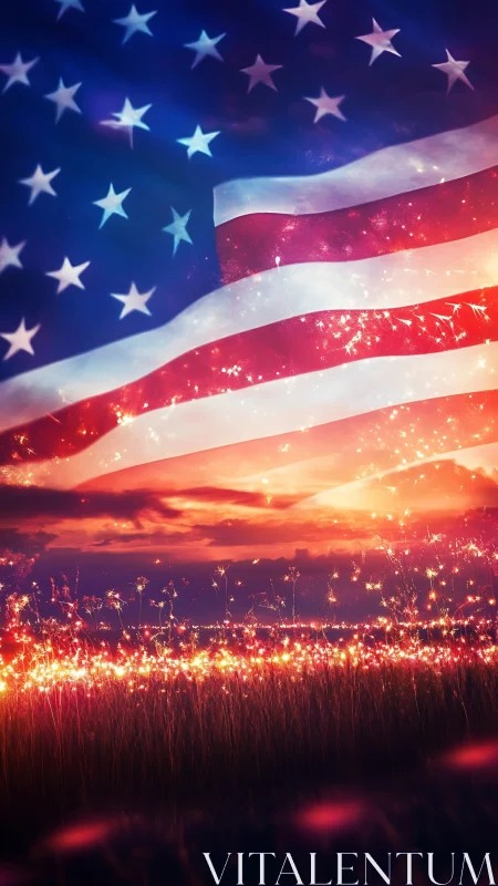 Layered US flag overlay merges night sky, fireworks and field lighting