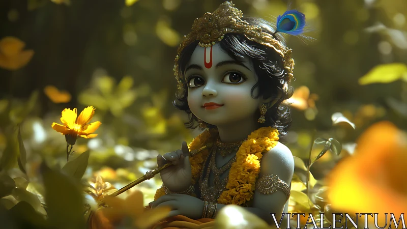 Blue-hued child deity cradles flute amid glowing petals