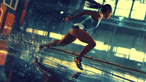 Dynamic runner sprinting through water in cinematic lighting.