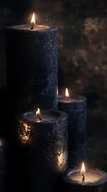 Black pillar candles burn with textured wax surfaces in dark