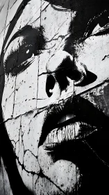 Monochrome fragmented portrait mural on cracked surface.