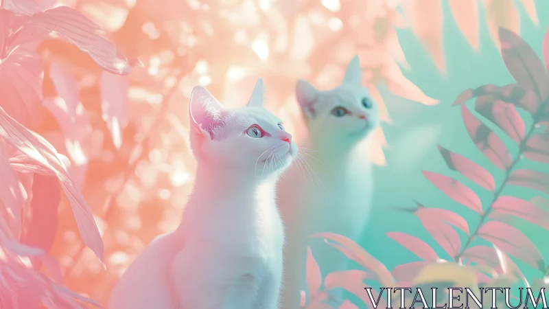 Luminous Felines Contemplate Tropical Dreamscapes Bathed in Pastel Radiance
