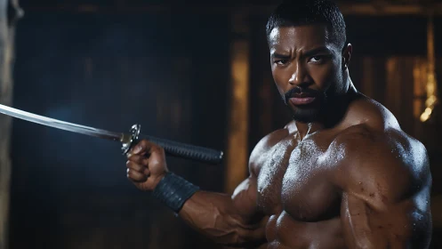 Muscular warrior holding katana in dim interior setting.