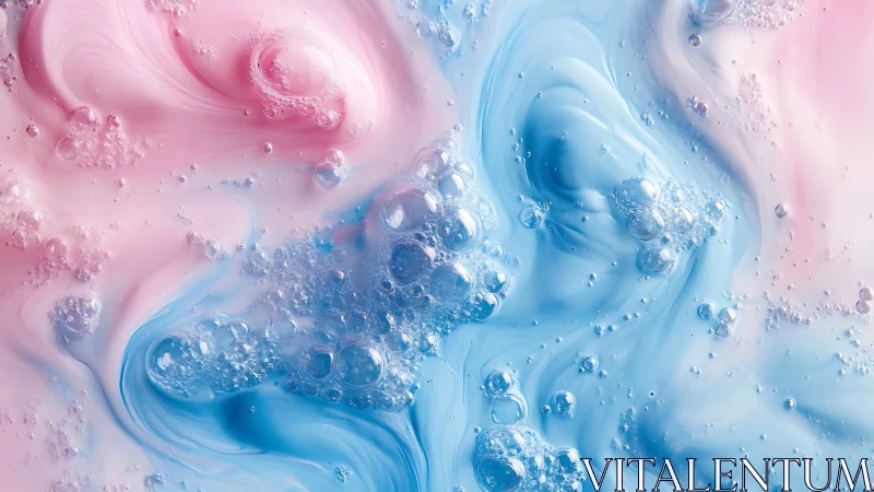 Soft pink and blue liquid surface shows clustered air bubbles