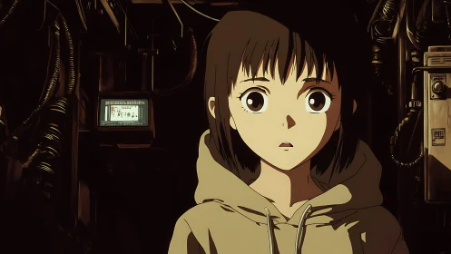 Curious girl in a dim tech-filled room, quietly taking it in.