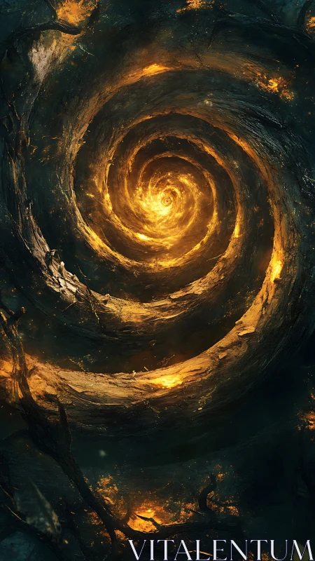 Storm-twisted forest spirals inward toward molten starlight