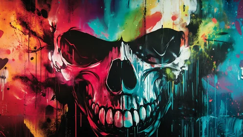 High-contrast neon skull mural with dynamic dripping spray paint