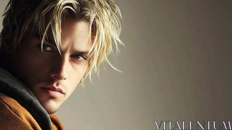 Intense blond portrait captures moody gaze in soft light.