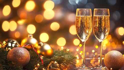 Holiday champagne flutes glow amid golden bokeh lights.
