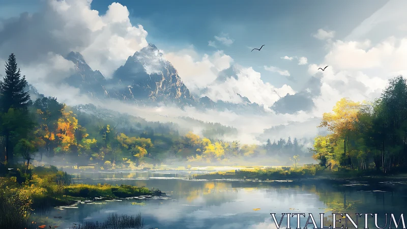 Mountain dawn drifts above a mist-kissed reflective lake.