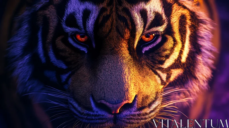 Neon-lit tiger face glows with intense, hypnotic stare.