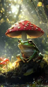 Bioluminescent forest frog beneath amanita canopy at dusk.