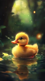 Golden duckling drifts through a glowing forest pond at dusk