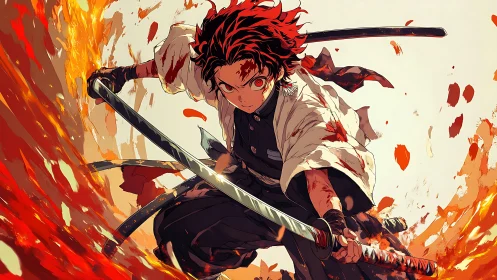 Fiery anime swordsman lunges forward in dynamic combat arc
