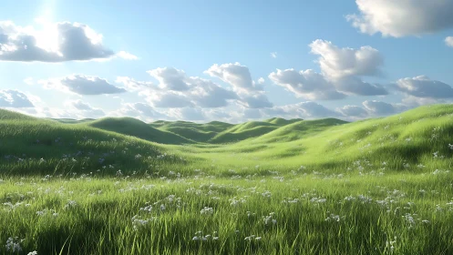 Sunlit rolling grass hills render with volumetric cloud lighting