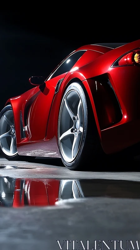 Red supercar profile under hard studio rim lighting.