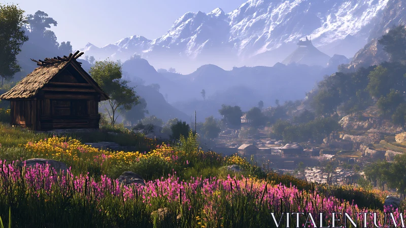 Rustic mountain cabin above valley village and wildflower meadow