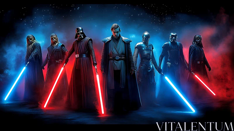 Cinematic lineup of armored warriors with glowing energy swords