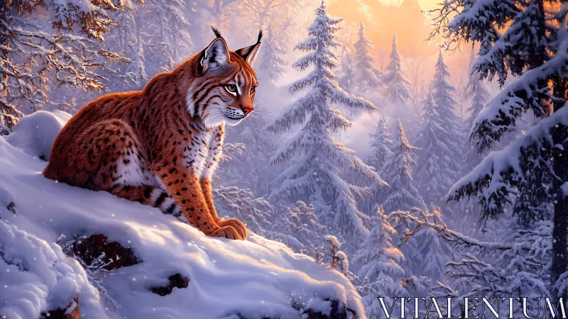 Lynx resting on snowed mountain slope within coniferous forest.