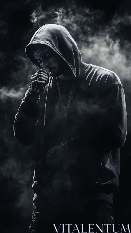 Low key hooded portrait in dramatic studio smoke lighting.