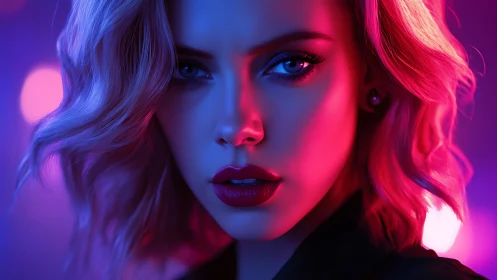 Female portrait under contrasting neon magenta and blue light.