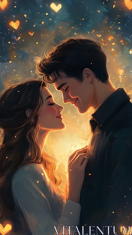 Two figures in intimate proximity with golden particle effects.