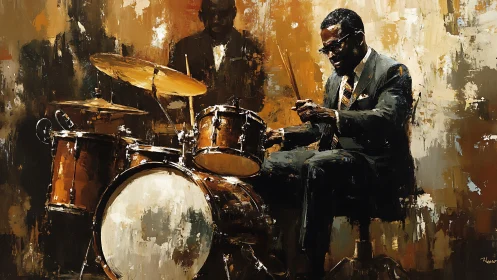 Drummer in suit playing drum kit against abstract backdrop.