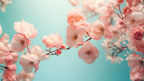 Soft Pink Blossoms Dance Against Turquoise Sky