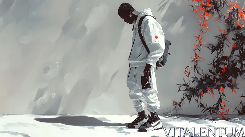 Monochrome urban figure in white tracksuit beside red foliage