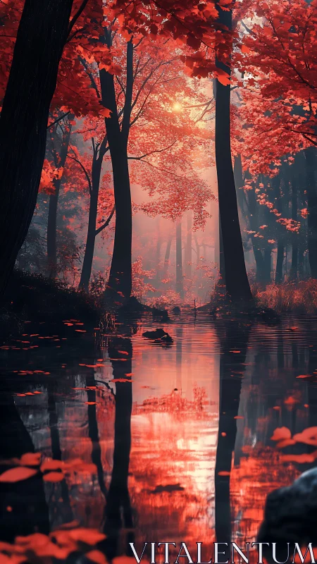 Vertical woodland scene records red foliage over still water