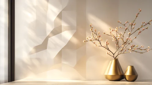 Photorealistic still life with gold vases and geometric wall lightplay.