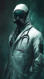 Pandemic-clad doctor stands in teal fumes of quiet dread.