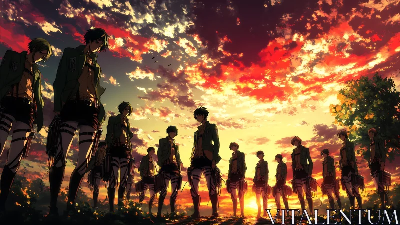 Sunset silhouettes line determined anime soldiers across field