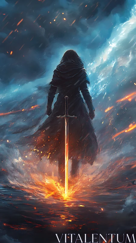 Figure with flaming sword amid storm clouds and water.