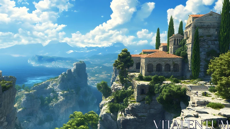 Clifftop monastery above luminous Mediterranean seascape.