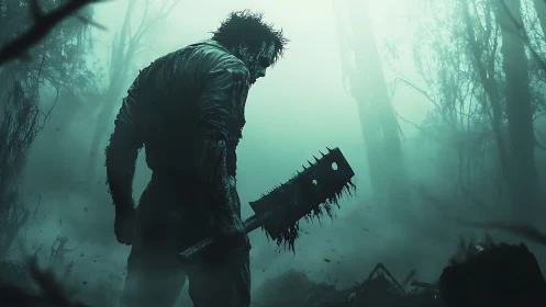 Shrouded figure grips brutal blade in a misty haunted forest
