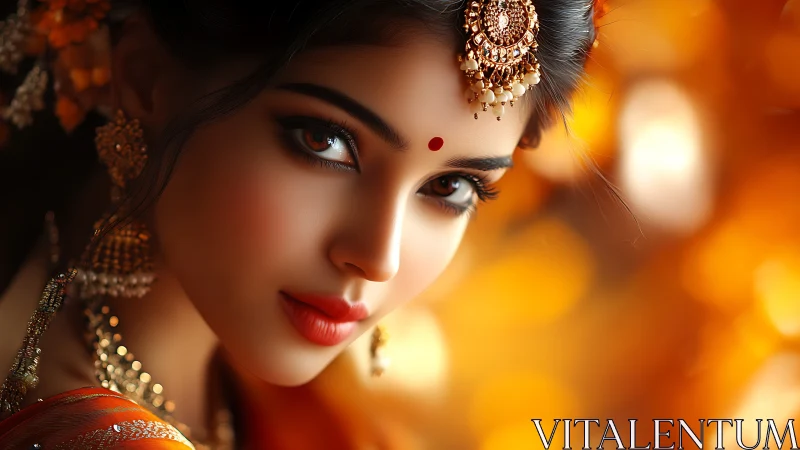 Bridal portrait glows in warm bokeh and ornate gold jewelry.