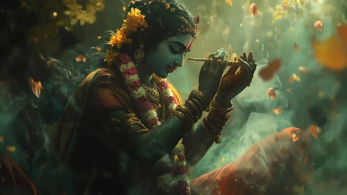 Divine flutist in ethereal glow renders devotional stillness