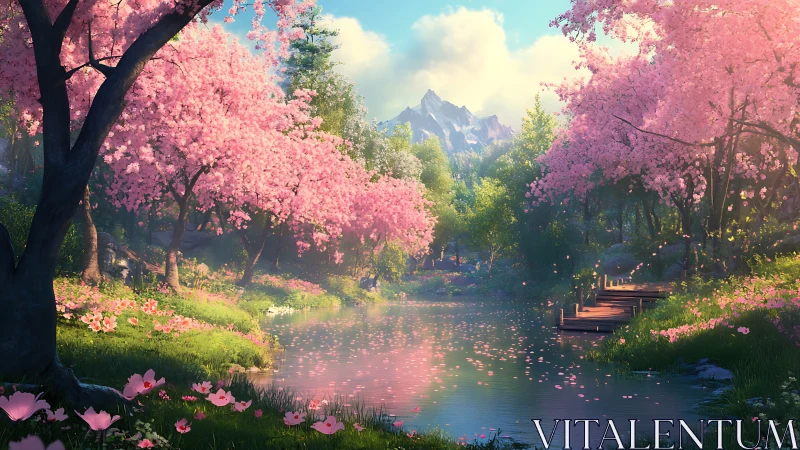 Cherry blossom river landscape with distant mountain peaks.