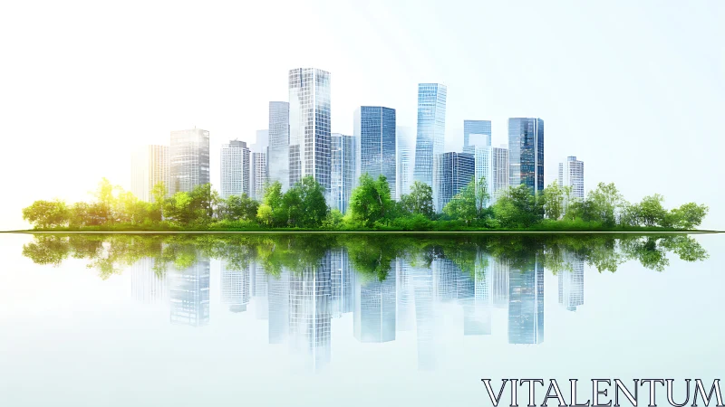 Urban skyline aligns behind tree belt with mirrored reflection