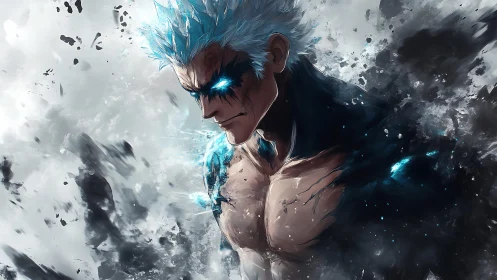 Storm-eyed warrior erupts through shattered ink and light.