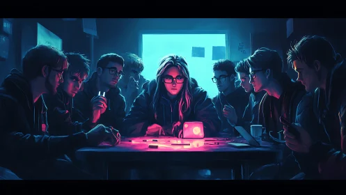 Hackers encircle neon cube in cinematic cyber-lit war room