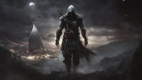 Moonlit rogue strides from storm-torn coast toward burning city