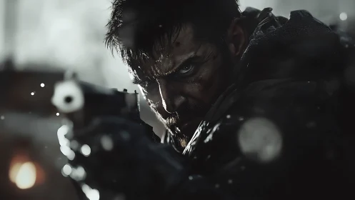 Cinematic close-up of armed man in rain-soaked low key lighting.