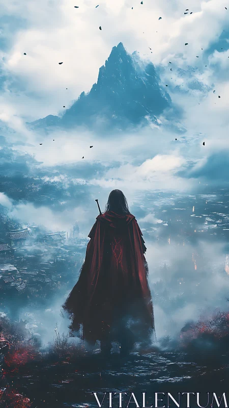 Cloaked swordsman overlooking misted valley and jagged peak