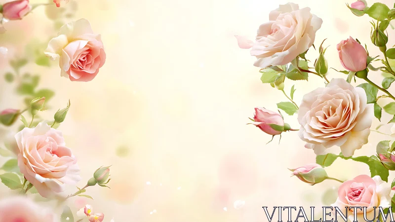 Soft Pink and Peach Roses with Green Foliage on Cream Background