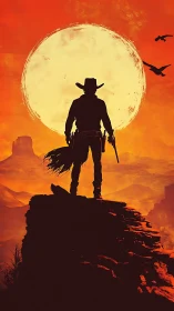 Silhouetted cowboy stands before oversized sun in desert